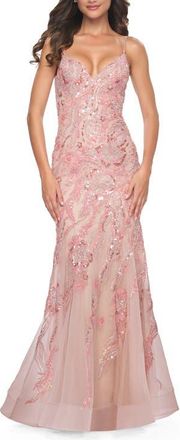 La Femme Mermaid Sequin and Beaded Embellished Prom Dress in Pastels in Coral at Nordstrom, Size 14