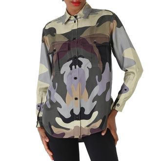Burberry Ladies Ferne Camouflage Print Oversized Silk Shirt, Brand Size 6 (US Size 4)