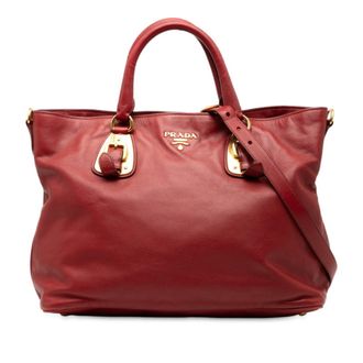 Prada Red Color Leather Shoulder Bag Tote Bag (Pre-Owned)