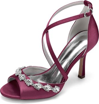 Generic Womens High Heel Sandals Open Toe Bridal Satin Crystal Stiletto Wedding Shoes Formal Prom Party Dress Shoes 9.5Cm,Burgundy,10 UK
