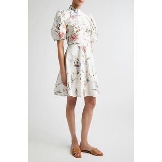 Eleventy Floral Puff Sleeve Cotton Poplin Dress in 01 White at Nordstrom, Size 10 Us