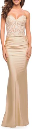La Femme Stunning Strapless Jeweled Lace and Jersey Dress in Light Gold at Nordstrom, Size 12