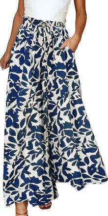 Generic Womens Wide Leg Trousers Summer Culottes Elastic High Waist Flowy Palazzo Trousers Loose Flared Pants Casual Baggy Trousers with Drawstring Pockets Li