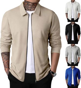 Generic Mens Lightweight Jackets Spring Waffle Bomber Jacket Long Sleeve Slim Fit Casual Jackets Plain Turn Down Collar Coats Breathable Full Zip Sports Coat 
