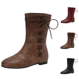 Generic Retro Boots Women Mens Lace Up Boot Unisex Plus Size Boots Retro British Boot Flat Knight Booties Vintage Medieval Bootie Fashionable Mid Calf Booties