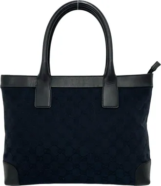 Gucci Black Navy Canvas Leather Handbag Tote Bag (Pre-Owned)