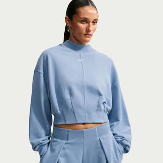 Nike Womens Studio Fleece Lightweight Oversized Cropped Pleated Crew in Blue | IM8397-486