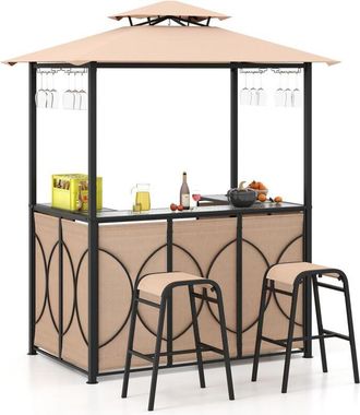 Costway Mueble Bar Exterior De 3 Piezas, Cenador De Barbacoa, 2 Taburetes De Bar, 1 Mesa De Bar De Vidrio Templado, Estante De Metel, Soportes De Vidrio, 194 