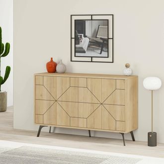 Dmora Credenza Earl, Aparador 4 Estantes, 8 Compartimentos, 4 Puertas, 123x35x62h Cm Roble Marr&oacute;n