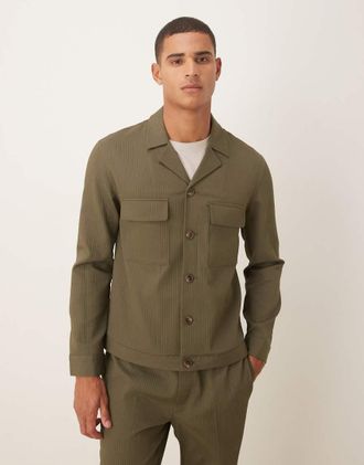 Asos Camicia giacca elegante kaki a coste in coordinato-Verde