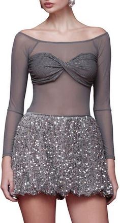 Avec Les Filles Crystal Accent Bandeau Mesh Top in Grey at Nordstrom Rack, Size X-Large