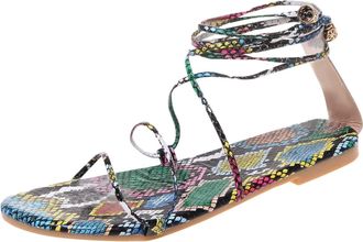 Generic Womens Sandals Summer Elegant Flat Womens Strappy Sandals Without Heel with Bow Around Ankle Strap Sandals Printed Summer Sandals Lightweight Beach Sa