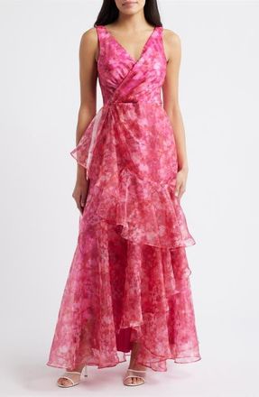 Eliza J Floral Ruffle Evening Gown in Fuchsia at Nordstrom, Size 10