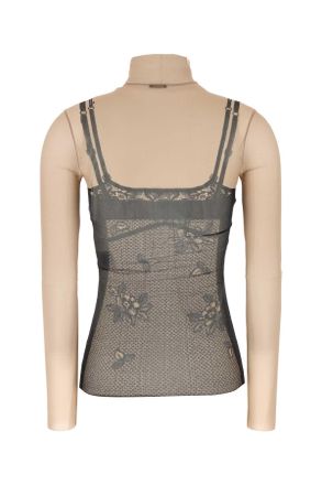 Balenciaga Womens Printed Stretch Tulle Top Black-Light Beige Exterior: Nylon Elastane Maglie Black/light