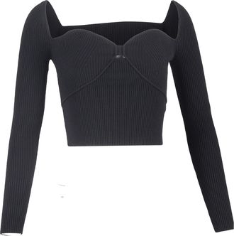 Self Portrait Ribbed Long Sleeve Cropped Top in Black Viscose