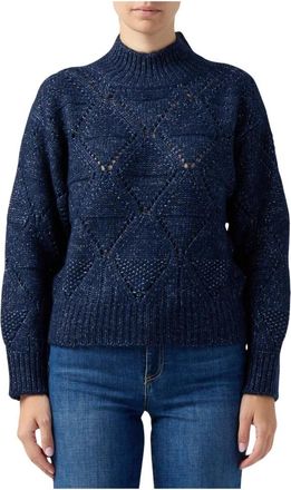 Ermanno Scervino Trui met hoge hals en ruitpatroon - Dames - Coltruien - Blauw - XS - Katoen - Truien & Vesten