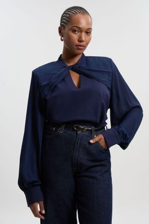 Karen Millen Womens Plus Size Ponte And Georgette Mix Balloon Sleeve Cut Out Detail Top - Navy Viscose - Size 2XL