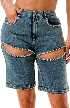 Salt Embellished Pearl Denim Shorts In Blue