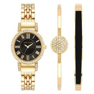 Anne Klein Quartz Black Dial Ladies Watch and Bracelet Set AK/3880BKST
