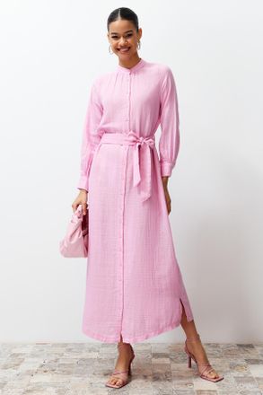 Trendyol Modest Dames Roze Effen Maxi Lang Casual Recht Modest Jurken