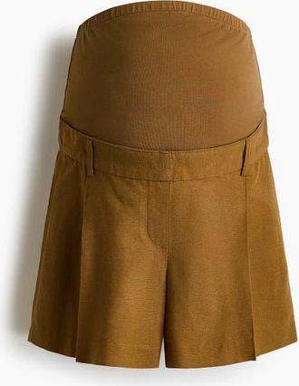 H&M Mama Linen-blend Shorts in Dark Golden Olive at Nordstrom, Size X-Large