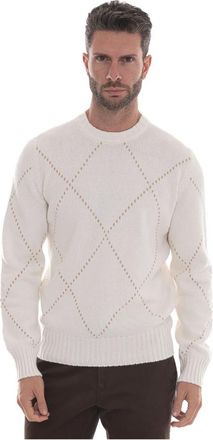 Gran Sasso Cashmere trui met ronde hals en inlegwerk - Heren - Ronde hals truien - Wit - 3XL - Wol - Truien & Vesten