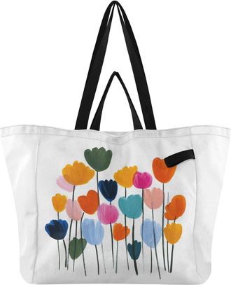 Generic Colorful Flowers pattern Reusable Canvas Tote Bag, Heavy Duty Grocery Shopping Bag with Large Capacity Hard Bottom Double Handles Work Groceries Trave