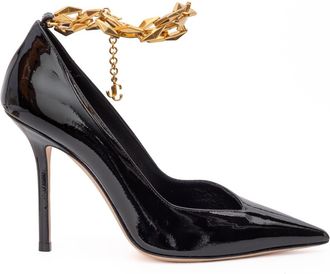 Jimmy Choo London Black Patent Leather Diamond Talura 100 Womens Pumps