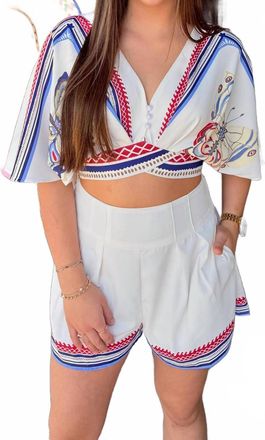 Ciebon Womens Emory Printed V-Neck Crop Top In White