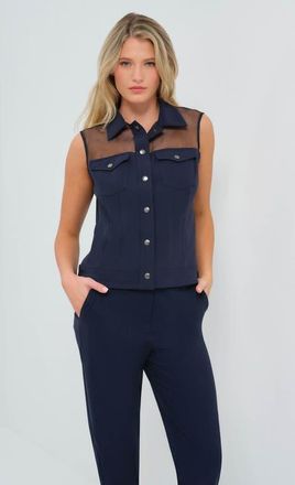 Anatomie Lenox Organza & Performance Twill Sleeveless Trucker Vest in Navy at Nordstrom, Size X-Small