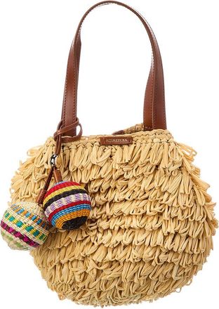 Aquazzura Pompom Mini Raffia & Leather Tote