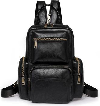 Nicole & Doris Small Backpacks for Women Vintage Daypack Multi Pocket Backpack Chest Bag Multifunctional Rucksack PU Leather Sling Satchel Bag Black