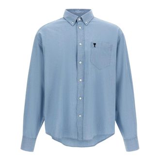Ami Casual Shirts, male, Blue, Size: XL Denim-effect Oxford Cotton Shirt