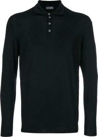Drumohr Black Long-Sleeved Wool Polo Shirt