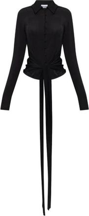 Ganni Shiny Jersey Lange Mouw Blouse met Strik - Dames - Blouses - Zwart - S - Overhemden