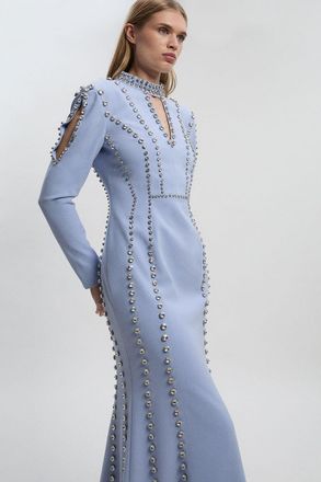Karen Millen Womens Crystal Embellished Woven Plunge Detail Maxi Dress - Blue - Size 14 UK