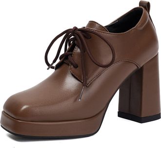 Generic Women Square Toe Lace Up Platform Pumps Chunky Block Heel Back Pull Tab Soft Upper Non Slip Sole Durable Comfortable Office Casual Shoes,Brown,4.5 UK