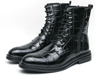 Generic Mens Lace Up Casual Boots with Side Zipper Round Toe PU Leather Short Boots Low Block Heel Dress Booties,Black,6.5 UK