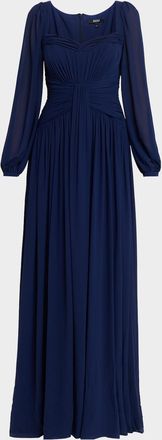 Badgley Mischka Draped Blouson-Sleeve Sweetheart Gown