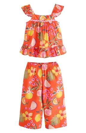 Next Kids Fruit Print Peplum Top & Wide Leg Pants Set in Orange at Nordstrom, Size 1.5-2Y