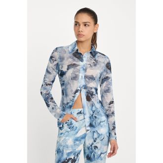 Good American Womens Mesh Button Up Top | Blue Angel Print, Size Medium | Good American by Khlo&Egrave; Kardashian