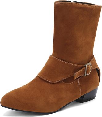 Generic Womens Retro Pointed Toe Suede Ankle Boots Buckle Strap Low Block Heels Side Zipper Comfortable Anti-Slip Wear-Resistant for Daily Street Date,Yellow,