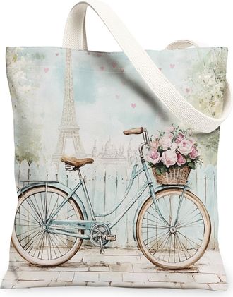 Generic Floral Bike Canvas Tote Bags, Vintage Bicycles Flower Pattern Reusable Bags, Spring Chic Lightweight Washable Shoulder Strap Canvas for Outdoor Travel
