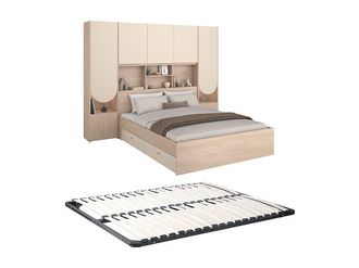 Vente-Unique Cama puente 160 x 200 cm con almacenamiento - Con LEDs - Colores: Beige y natural + Somier - DOMELITO