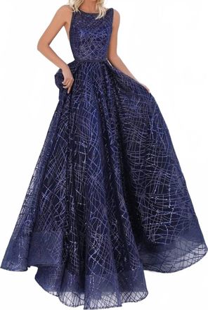 Tarik Ediz Long Glitter Tulle A-Line Dress In Navy