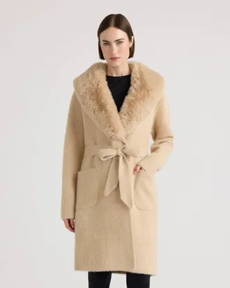 NVLT Womens Eyelash Belted Coatigan with Faux Fur Collar