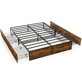 Costway Costway Double Iron Bed Frame 4 Underbed Storage Drawers Platfrom Bed Slat Support Base in Brown