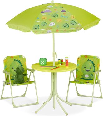 Relaxdays Relaxdays - Mobiliario Infantil Jard&iacute;n, Estampado Monstruo, Sombrilla De Playa, Sillas Plegables, Mesa Para Ni&ntilde;os, Verde