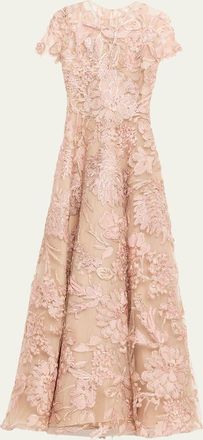 Naeem Khan Floral Raffia Embroidered Tulle Short-Sleeve Gown