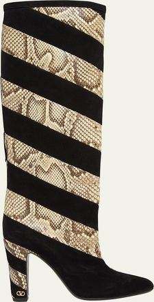 Valentino Garavani 100mm Rayons Snake-Printed Leather and Suede Knee-High Boots
